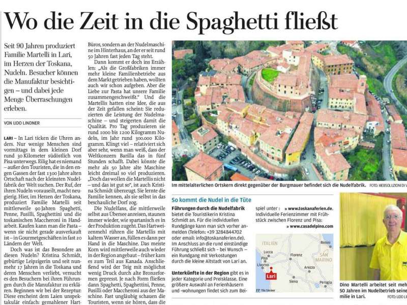 Artikel der Freien Presse über Spaghetti-Manufaktur in Lari, Toskana